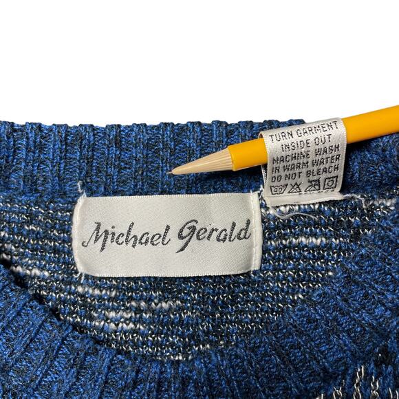 Vintage Michael Gerald Men's Knit Grandpa Crewneck Sweater Blue Black Size Large - Picture 3 of 8
